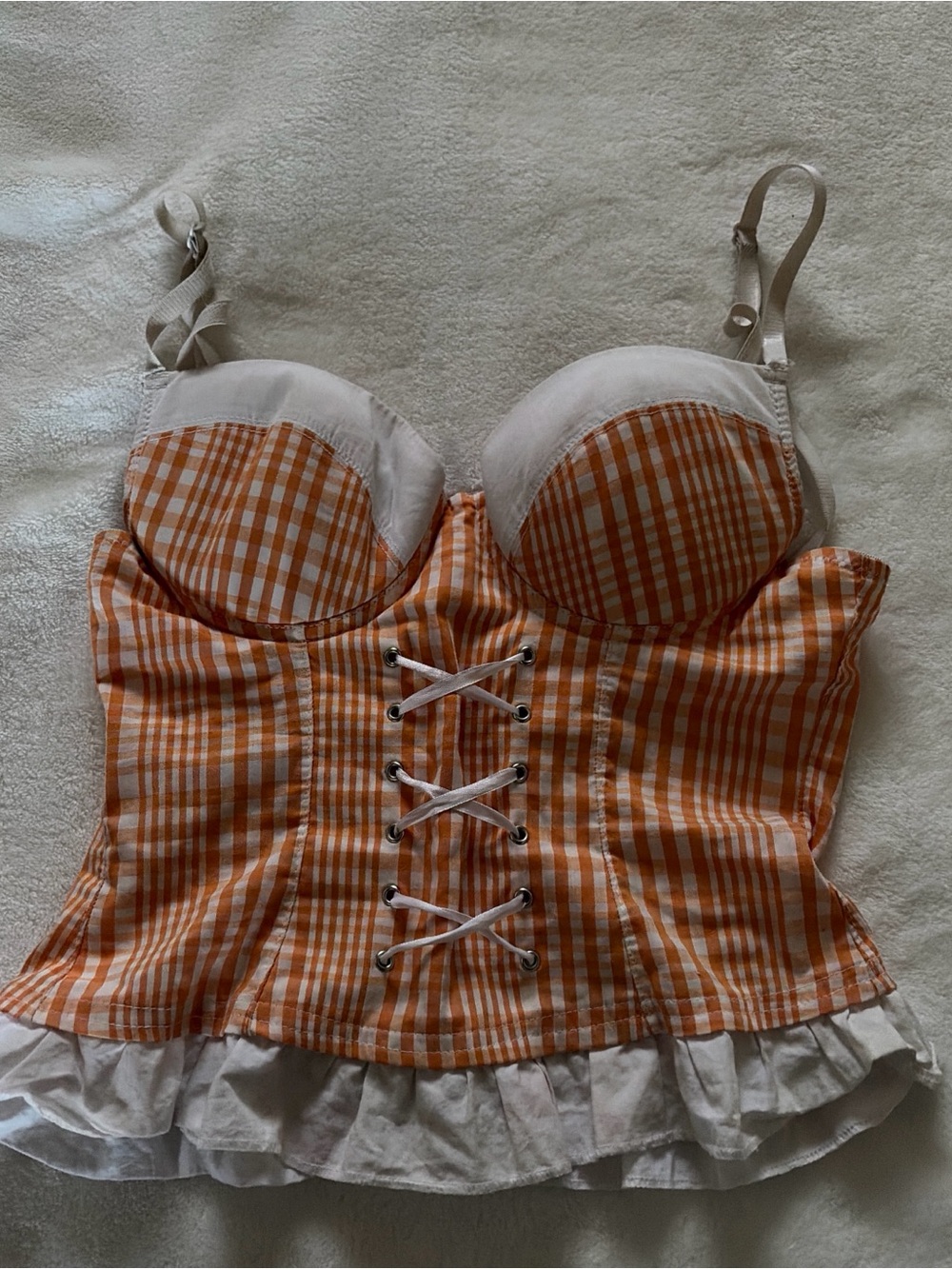 Orange Gingham Lace-Up Crop Top - Women